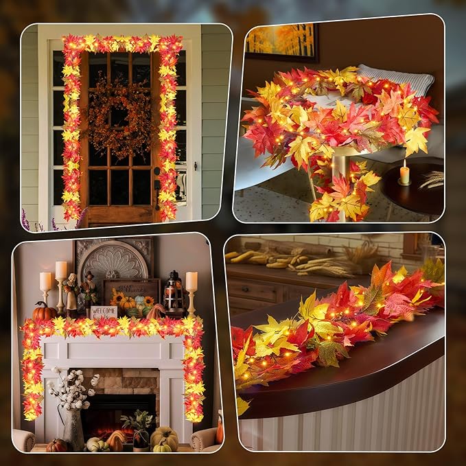 Fall Decorations for Home Large Maple Leaves 9Ft Plug in Fall Lights with 50 Orange Bulbs UL Certified Connectable Fall Decor Garland for Indoor Outdoor Halloween Thanksgiving Harvest Decorations