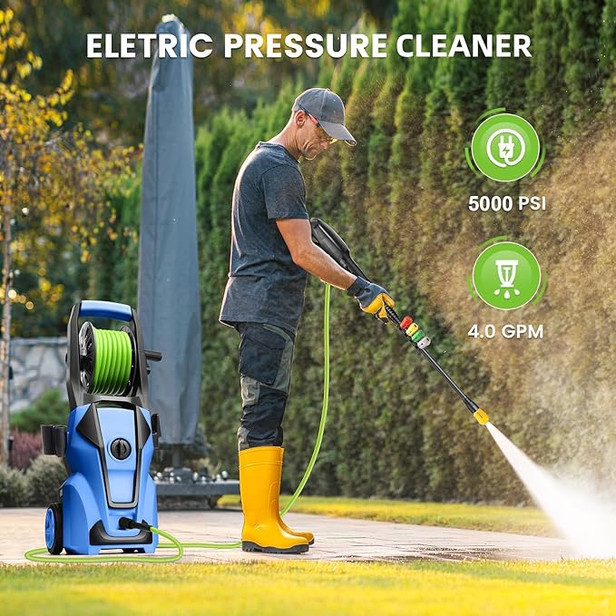 Pressure Cleaner Adjustable 5000PSI 4.0 GPM High Power Cleaners with 33ft Hose Reel, 4 Nozzle and Foam Cannon, Power Cleaners Machine for Home, Cars, Patio (Blue)