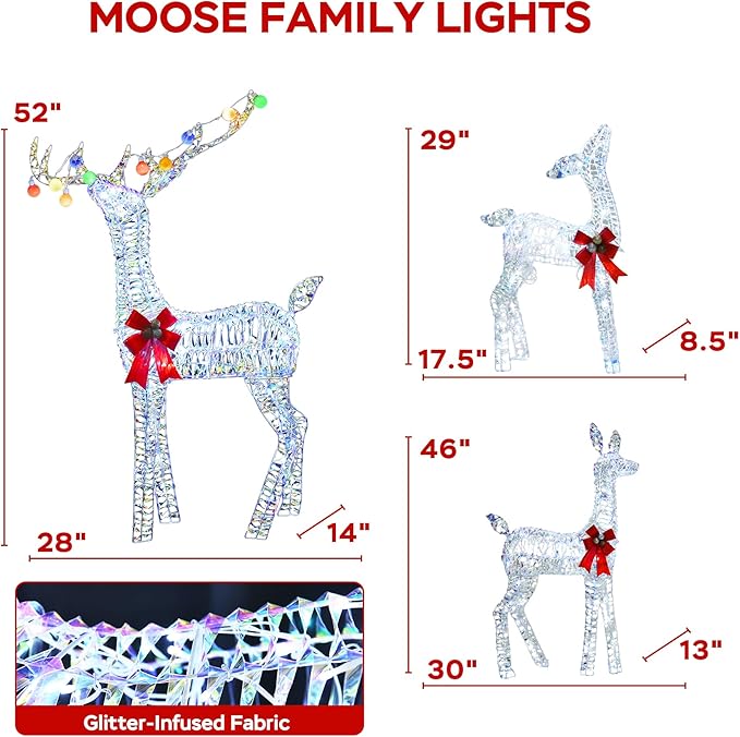Outdoor Lighted Reindeer Family Christmas Decor, 52" H Iridescent Deer 3D Holiday Yard Decorations with 200 White LED Lights, 3-Piece Set, Perfect for Lawn, Gardern