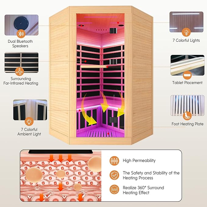 Sauna Infrared Far Infrared Sauna for Home Sauna 2-3 person 2180W with Hemlock Wood Low EMF Dry Sauna for Home Infrared Sauna 2 Person Indoor Sauna for Two Person in Home Sauna with Bluetooth Speakers
