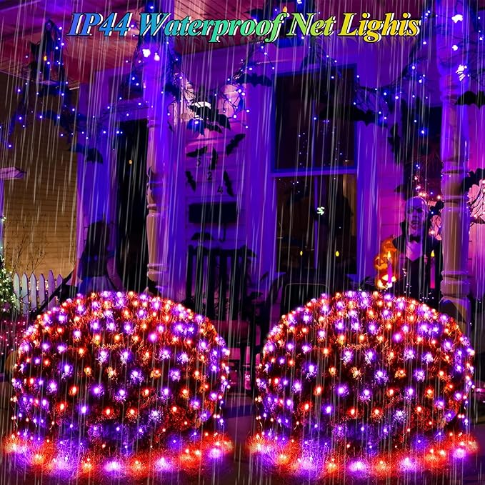 510LED Halloween Net Lights, 27.9ft x 5ft Outdoor Mesh Lights Purple Orange Clear Wire, 8 Modes & Timer, Waterproof Connectable String Lights for Bushes Xmas Tree Garden Holiday Party