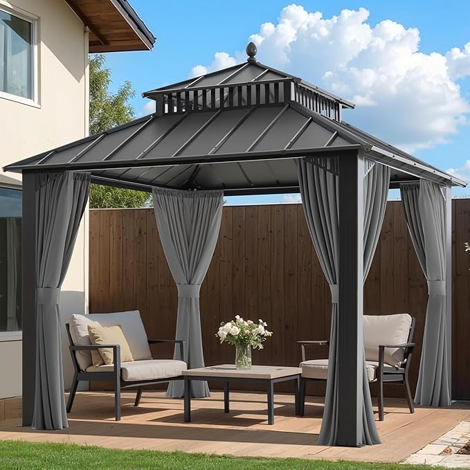 SUNJOY Kingston 10' x 10' Hardtop Gazebo with Galvanized Steel Double Roof, Curtain and Netting, Gray Aluminum Posts Permanent Pavilion Gazebo for Garden, Patio, Deck, Lawn
