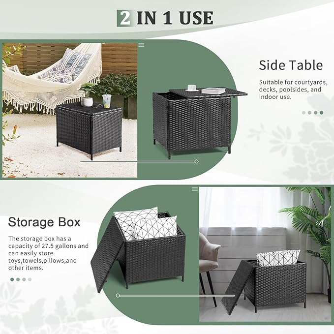 VINGLI 27 Gallon Outdoor Deck Box, Wicker Outdoor Storage Box with Lid, Small Storage Bin Container for Outside and Patio, Patio Rattan Side Table for Yard Porch (Black, Square)