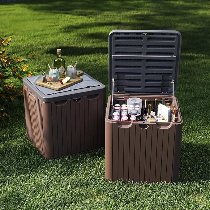 60 Gallon Outdoor Storage Box, Waterproof Patio Deck Box with Lockable Lid, Heavy-Duty HDPE Bench for Garden Tools, Cushions (Brown, 60 Gallon)