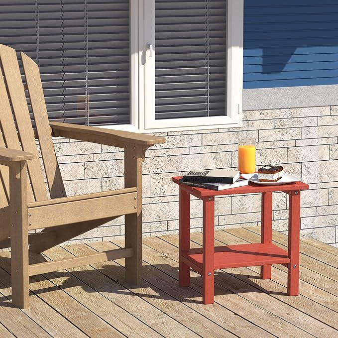 OTSUN Outdoor Side Table, Weather Resistant HDPE Outdoor Table, 2-Tier Small Patio Tables for Outside or Indoor (Red)