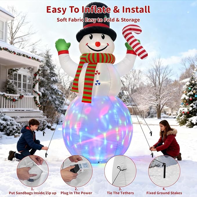 12FT Christmas Inflatables Snowman Outdoor Decorations, Giant Christmas Blow Up Snowman Inflatable in Waving Pose with Candy Cane, Rotating Colorful LED Light for Holiday Party Garden Yard Deco