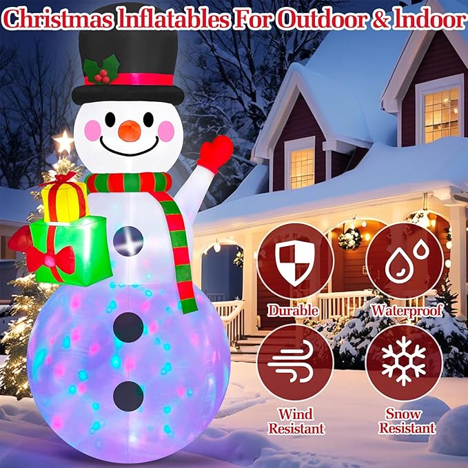 Danxilu 8 FT Christmas Inflatable Snowman Outdoor Decoration, Built-in Colorful LED Lights Xmas Inflatable Snow Man with Gift Box Blow Ups Yard Decoration for Outside Garden Lawn Holiday Party Decor
