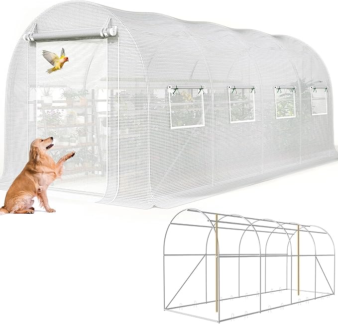 KING BIRD Premium 15x6.6x6.6FT Greenhouse for Outdoors, Large Walk-in Upgraded Galvanized Metal Frame, Mesh Door Screen Window Improved Zipper Tunnel Hoop for Garden Plant Winter, 2 Stiffeners, White
