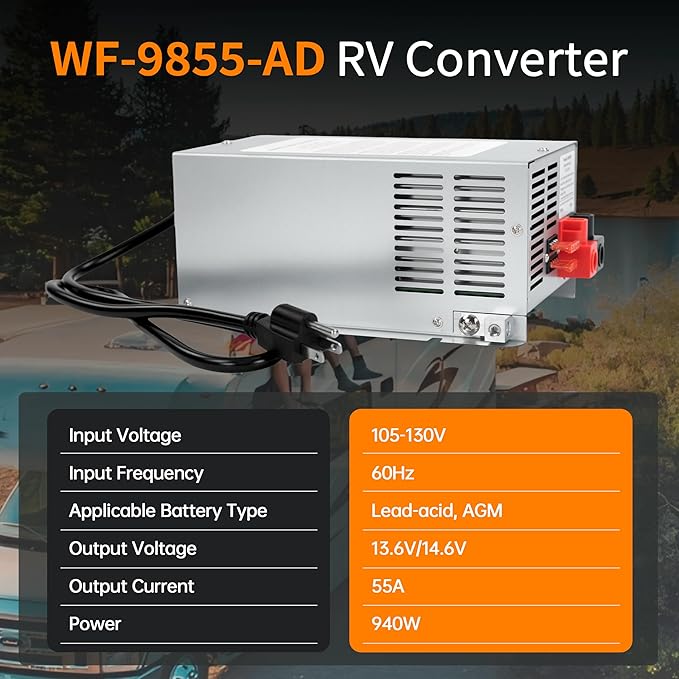 Upgrade WF-9855 55 Amp RV Power Converter Charger, Replace for RV Camper WF-9800 Series, WF-9855, WF-9855-AD, WF-9855-MBA, for Lead-Acid Battery 1 Year Warrant