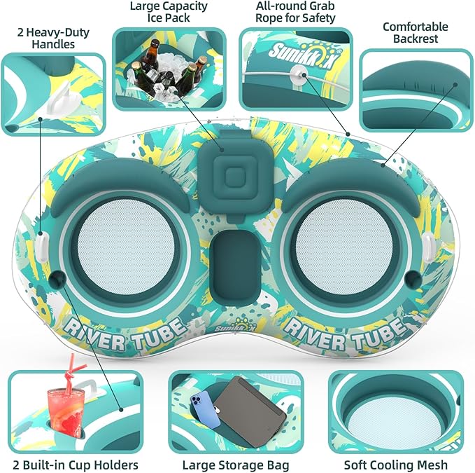 5-in-1 Pool Floats Adult Heavy Duty River Tube, 2 Person Water Lounge with Backrests, Built-in Cooler, Cup Holders, Deluxe Pool Float for Summer Relaxation