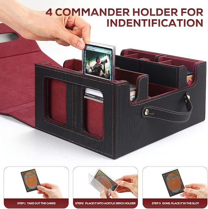 Trading Card Storage Box for MTG, card storage box with Commander Display，Multi-purpose Deck Case for MTG TCG Sports Card, 4 Toploaders, 4 Stoppers, 4 Colorful Dividers (Black & Red)