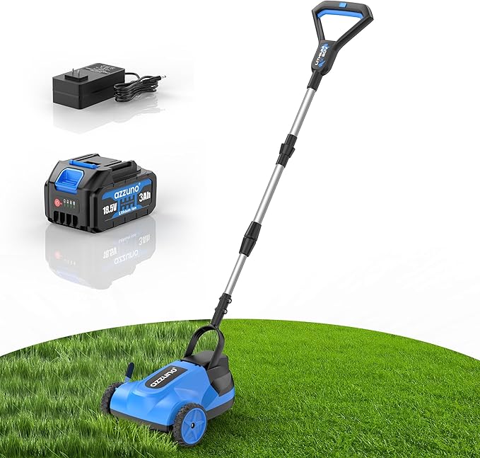 AZZUNO 8.3" Electric Cordless Lawn Mower: 20V Push Brush Cutter with 3-Position Height Adjustment, Brushless Compact Walk Behind Weed Wacker Eater for Small Garden Yard, 3.0Ah Battery and Charger