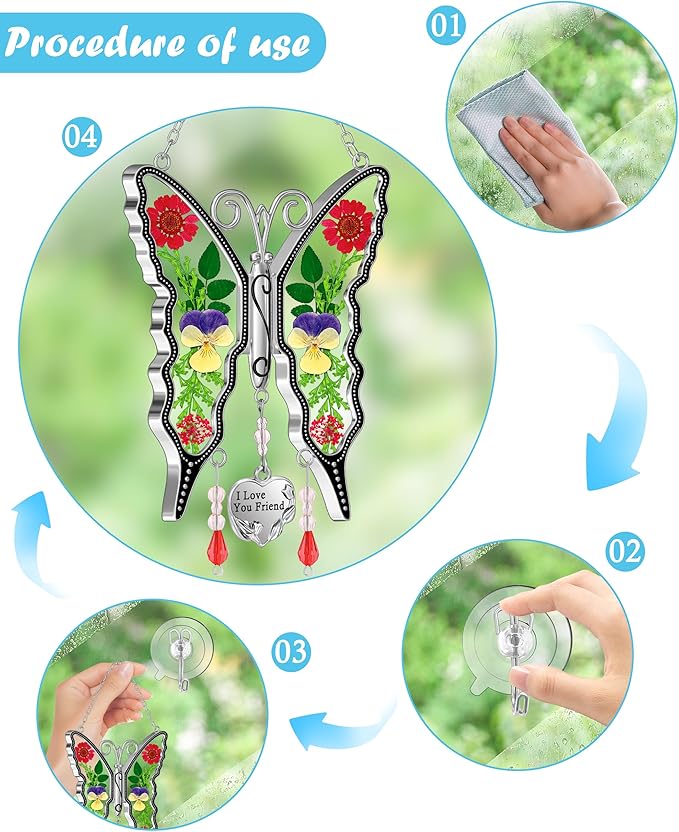 KY&BOSAM Butterfly Suncatcher I Love You Friend Gift Stain Glass Sun Catcher for Window Hanging Wind Chime with Pressed Flower Wings in Glass and Heart Charm Birthday Gift for Mother`s Day Christmas