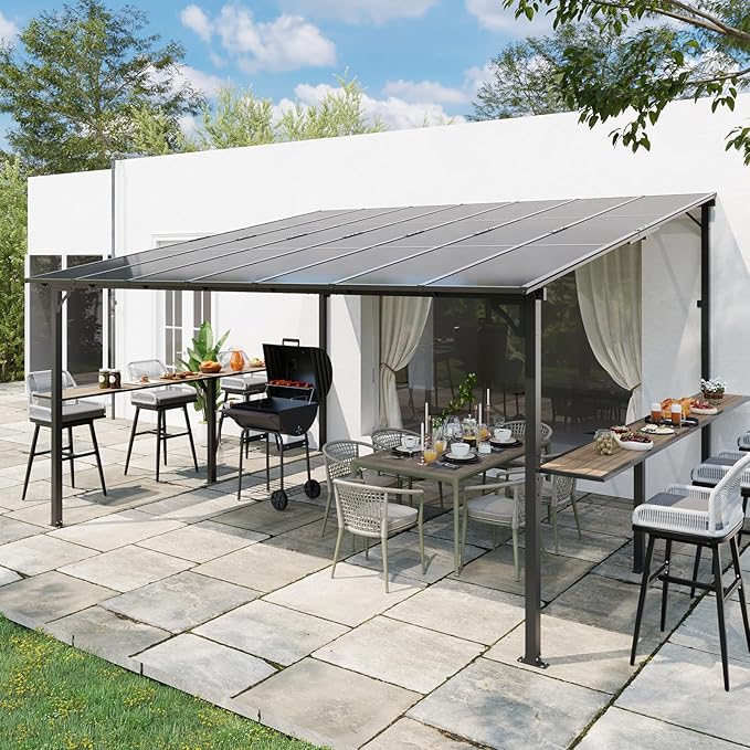 MEISSALIVVE 12' x 14' Wall Mounted Gazebo, Outdoor BBQ Grill Gazebo with Side Shelf, Lean to Metal Awnings with Sloped Roof, Heavy Duty Pergola for Backyard, Deck, Black
