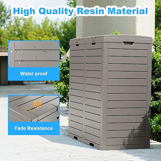 Outdoor Trash Can with Lid, Outdoor Trash Bin & Pull-Out Liquid Drawer, Dual Lid Closure Design, Waterproof Resin Garbage Can Container for Patio, Backyard, Deck (Grey, 62 Gallon)