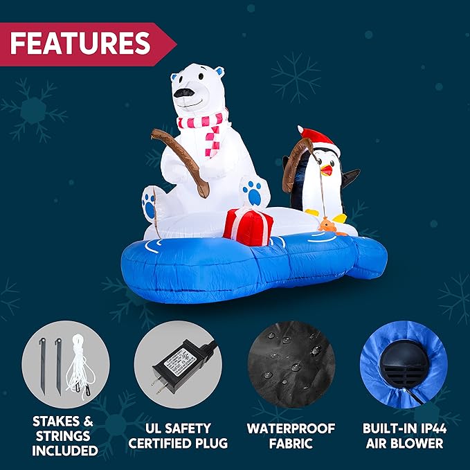 Joiedomi 6 FT Long Christmas Inflatable Polar Bear Fishing with Penguin Decoration, Blow Up Yard Decoration Inflatables with Built-in LEDs for Christmas Party Indoor Outdoor, Yard, Garden, Lawn Décor