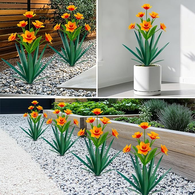 Homight Metal Agave Plant Outdoor Decoration Outdoor Garden Decoration Daffodils Flowers Mexican Yard Art Daffodils Flowers Decorative Garden Gift (3 Big Orange Daffodil)
