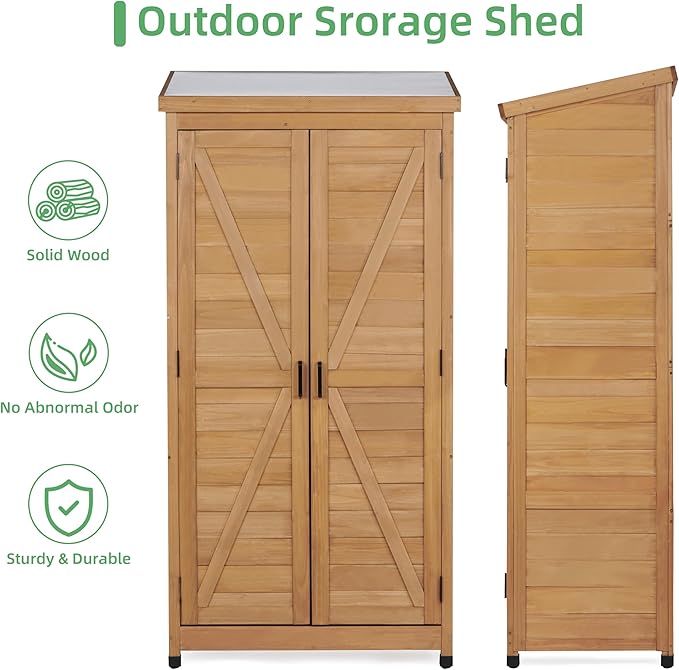 68''x33''x20'' Outdoor Wooden Storage Shed with Metal Top Tall Vertical Tool Cabinet for Backyard Garden Patio Lawn (Gold)