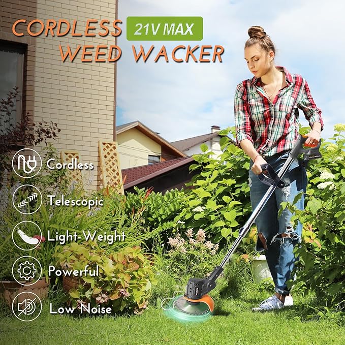 Stringless Weed Wacker Electric, 21V Battery Powered Weed Eater with 2 * 2.0Ah Battery, Charger & 5 Types Blade Lightweight Grass Trimmer for Garden Yard Lawn Work