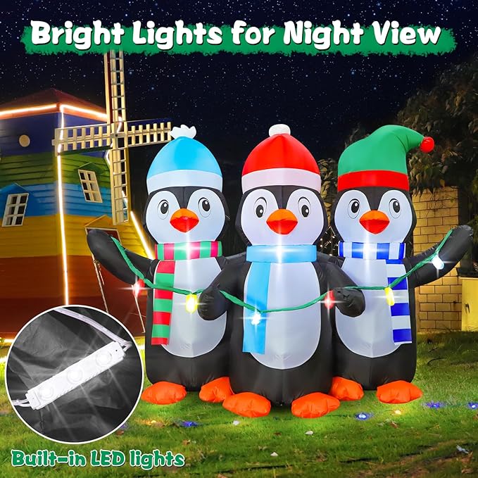 FunFanso 6 FT Christmas Inflatable Penguin Decoration, Blow up 3 Cute Penguins, Blowsup Decor, Built-in Bright LED Lights, Festival Decorations for Christmas Party Outdoor Yard Patio Garden Lawn Décor
