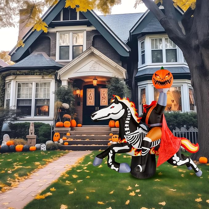 WBHome 9 Ft Halloween Inflatable Headless Horseman Outdoor Decorations, Day of The Dead Blow Up Yard Decor with Built-in LED Light (Plug in) for Lawn Home Dia de Los Muertos Party Indoor Outdoor