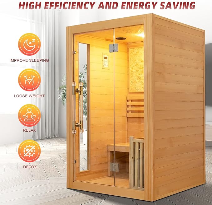 Indoor Steam Sauna 2 Person, Canadian Hemlock Saunas, 6KW Harvia Heater, 220V, Left Door(120-195℉) with Himalayan Salt Panel and LCD Touch Control Panel