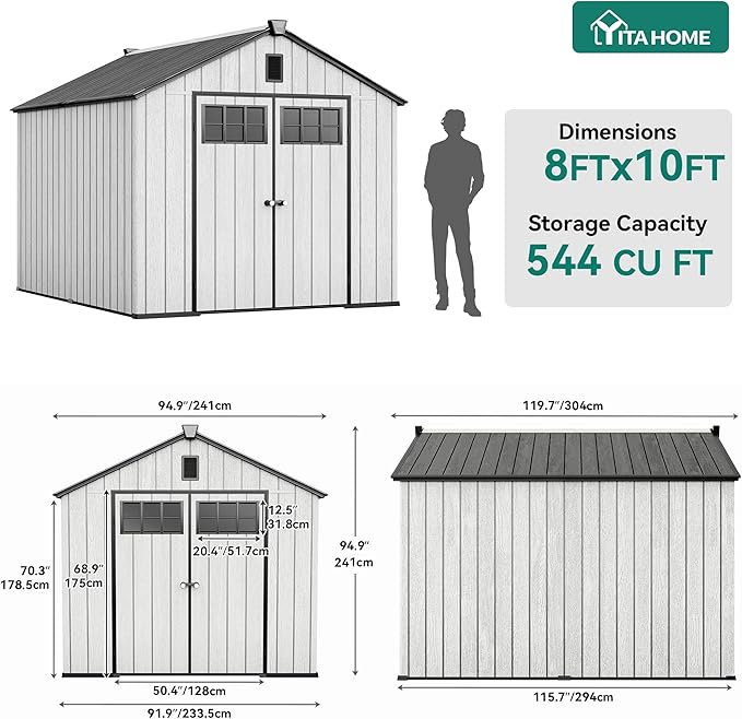 YITAHOME 8x10 FT Outdoor Storage Shed with Floor, Plastic Garden Shed for Bikes, Tools, and Pool Supplies, Outdoor Resin Shed with Lockable Doors, Windows, and Vents for Patio, Lawn, Backyard, Gray