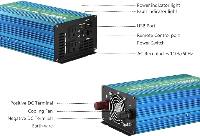 Pure Sine Wave Power Inverter 1000W DC12V to AC 110V with Dual sockets and USB, LCD Remote kit. (1000W)