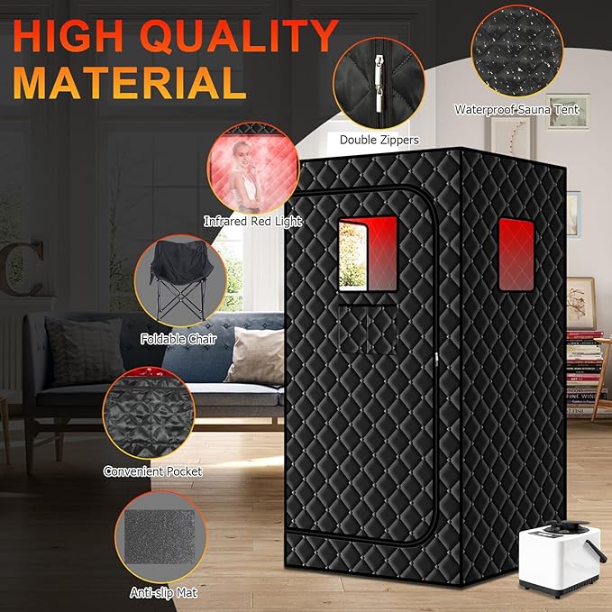 Smartmak Portable Steam Infrared Sauna with 660nm Red Light Therapy Lamp for Home Relaxation, Personal Large Full Body Sauna Spa Tent with 3.0L 1100W Steamer, Remote Control, Folding Chair Indoor Use