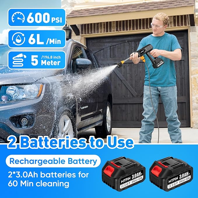 Portable Cordless Pressure Washer, 600 PSI 21V 2x3.0Ah Rechargeable Batteries Powered Pressure Washer, 6-in-1 Nozzle with Jet Nozzles for Car Floor Wall Fence Cleaning Pet Cleaning