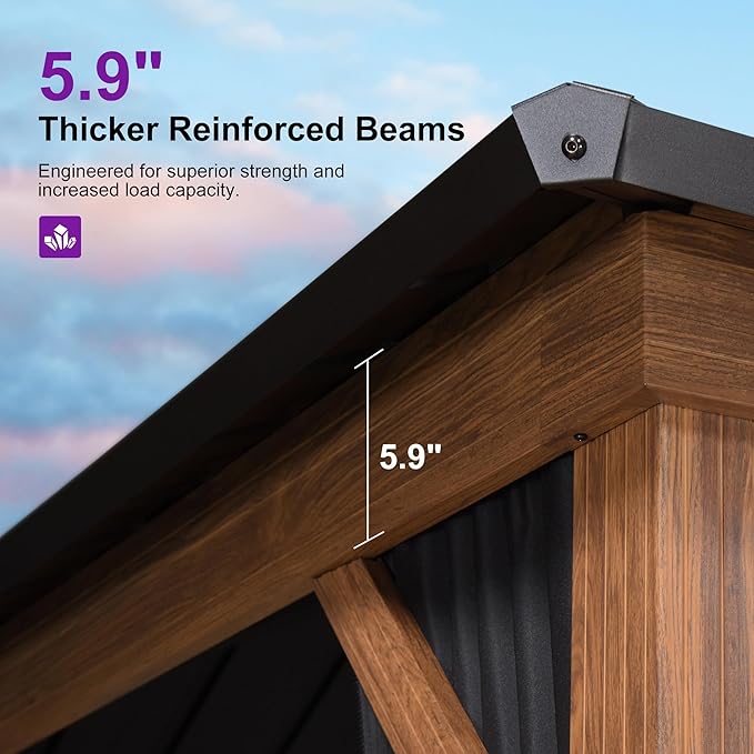 PURPLE LEAF 10' X 12' Hardtop Gazebo with Storage Box Outdoor Wood Grain Aluminum Frame Galvanized Steel Double Roof Gazebos with Netting and Curtains for Patio Deck Backyard Garden