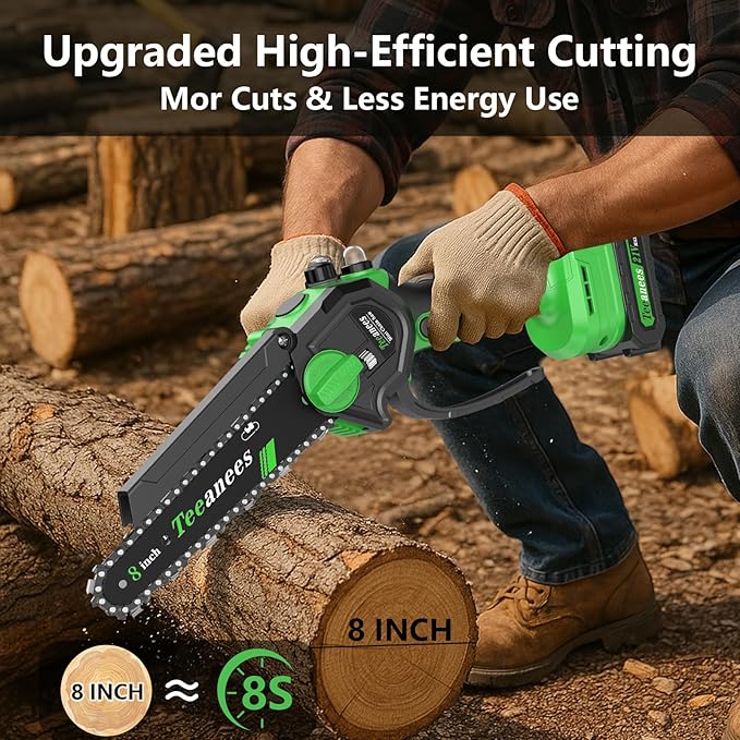 Mini Chainsaw Cordless, 8 Inch & 6 Inch Portable Electric Chain Saw with 2 Battery 8 Chains, Auto Oiler, Battery Powered Small Handheld Saw for Wood Cutting, Tree Trimming, Garden(Green)