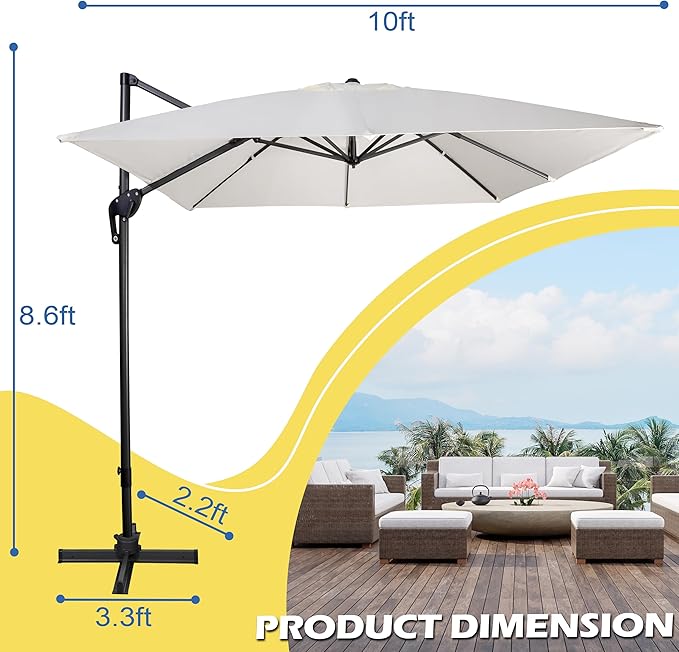 Sunnyglade 10x10Ft Cantilever Patio Umbrella Square 360° Rotation & Integrated Tilting System Offset Umbrella with 8 Sturdy Ribs, Fade-resistant & Waterproof for Garden Backyard Poolside Deck