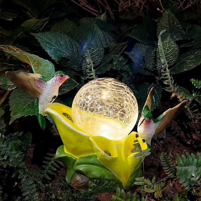 Solar Garden Statue Hummingbird Figurine - Hummingbird Flower Carry Magic Orb Solar LED Lights for Outdoor Statue Decoration for Patio, Balcony, Yard, Lawn Ornament