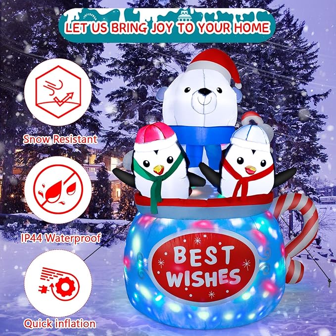 Dawdix Christmas Inflatables Decorations with Colorful Light, 6FT Inflatable Polar Bear & Penguins in Hot Cocoa Mug, Blow Up Outdoor Decorations for Xmas Holiday Yard Garden Lawn Party