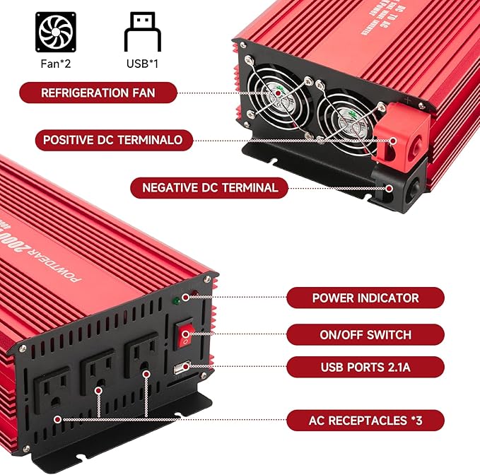 Pure Sine Vane Power Inverter 2000 Watt, DC 12V to 110V AC Converter with 3 Charger Outlets and with 2 Built-in 5V/2.1A USB Port Red