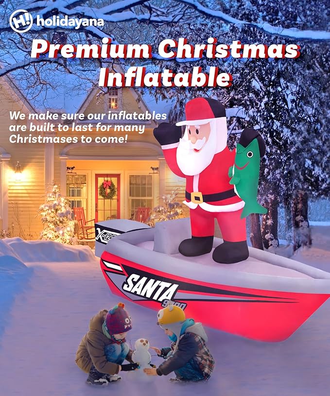 Holidayana Christmas Inflatables Large 6 ft Santa Fishing Boat - Inflatable Outdoor Christmas Decorations Blow Up X-mas Decorations for Yard, Lawn & Garden Internal Lights & Built-in Fan