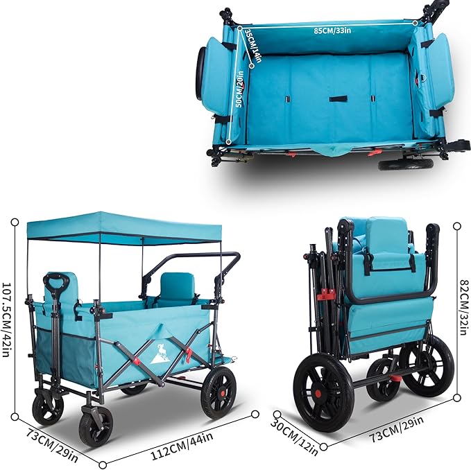 Collapsible Wagon Cart with Quick-Release Wheels & 2 Seats - Heavy-Duty Utility Wagon 265LBS Capacity for Camping, Garden, Shopping Folding Wagon (Turquoise)