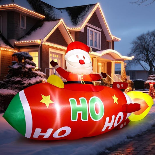 Leyndo 10 FT Christmas Inflatable Santa Claus on Rocket Outdoor Blow Up Decoration with LED Lights Cute Xmas for Holiday Party Yard Garden Lawn Decor