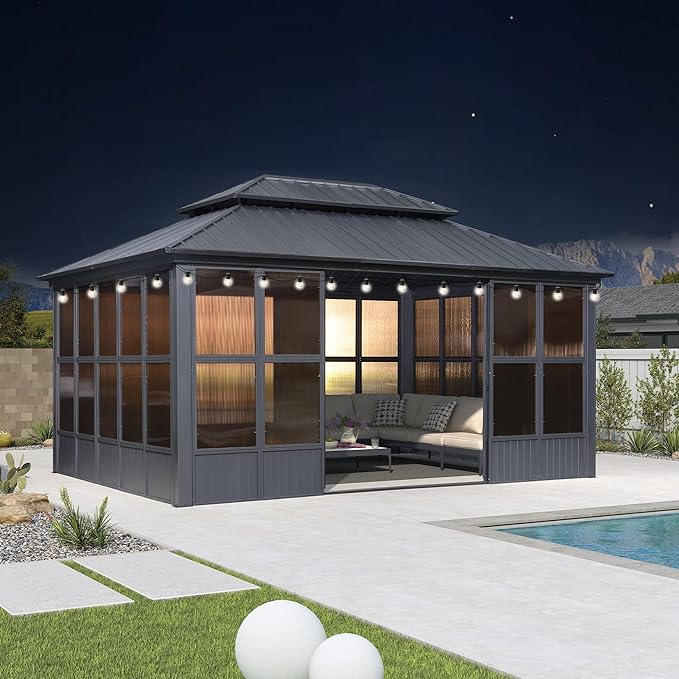 PURPLE LEAF 12' X 16' Solarium Sunroom with Light Permanent Hardtop Gazebo Galvanized Steel Double Roof Aluminum Outdoor Screen House for Lawn Deck Backyard Grey