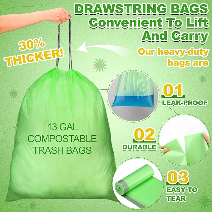 200 Count 13 Gallon Compostable Trash Bags with Drawstring Tall Kitchen Food Scrap Waste Bag Heavy Duty Extra Thick 1 Mil Tear Resistant for Lawn Yard Home Kitchen Office