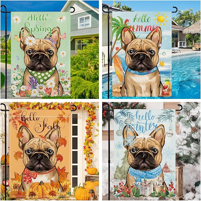 French Bulldog Garden Flags for Outside Set of 12, Dog Welcome Garden Flags 12x18 Double Sided for All Seasons and Holidays, Spring Summer Yard Lawn Flag for Pet Lover, French Bulldog Decor