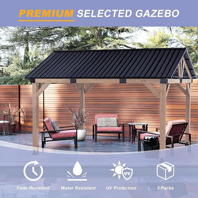 CHARMELEON 12x14 Cedar Wood Gazebo,Heavy Duty Patio Gazebo with Metal Gable Roof,Permanent Hardtop Gazebos Pavilion for Backyard,Outdoor,Deck,Garden,Porch