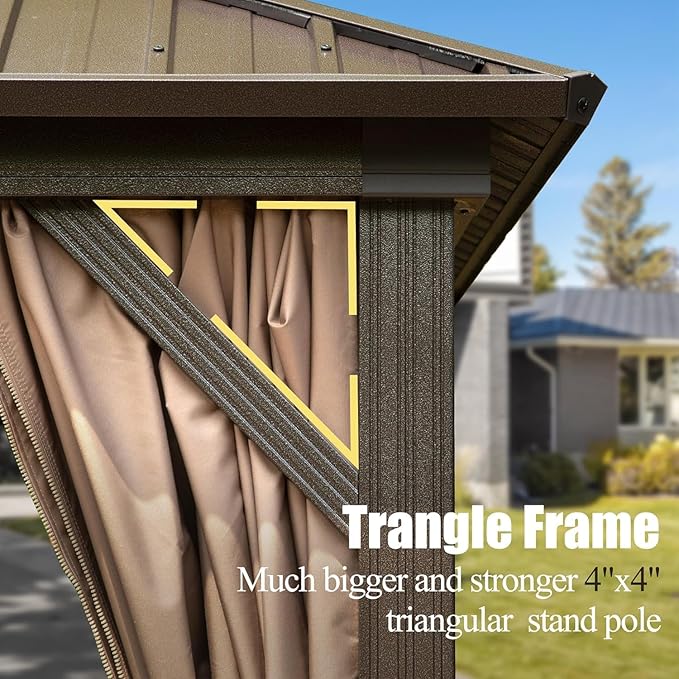 Domi 12’ x 18’ Hardtop Gazebo Aluminum Frame Canopy with Netting & Curtains, Outdoor Permanent Metal Pavilion with Galvanized Steel Double Roof for Patio Lawn and Garden, Brown