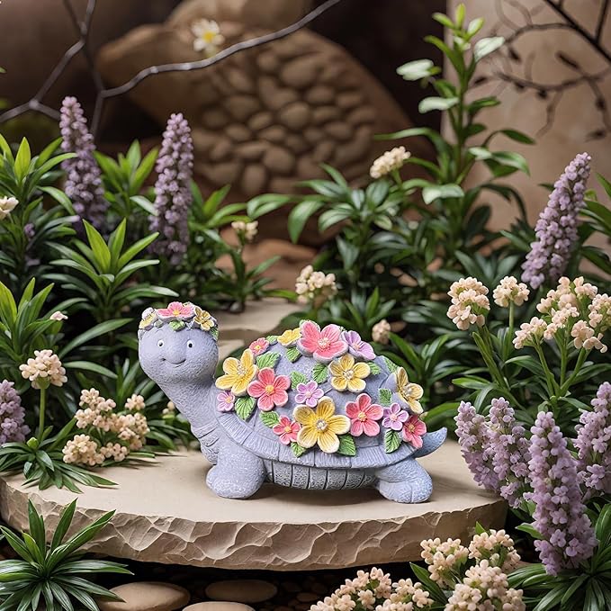 Solar Turtle Statues Garden Decor - Cute Turtle Figurine with Flowers Solar Lights, Tortoise Statue for Outdoor Yard, Lawn, Patio Decoration - Birthday Gifts for Mom Grandma Women