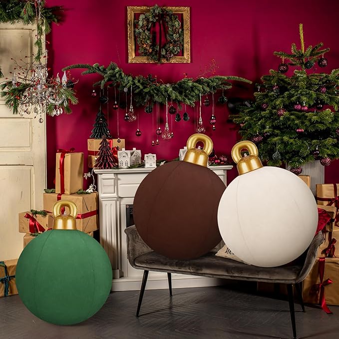Jetec 3 Pcs 32 Inch Giant Velvet Christmas Inflatable Balls Ornament Flocked Xmas PVC Inflatable Flocked Ball Ornaments for Christmas Holiday Outdoor Blow up Yard Decor(Beige, Brown, Dark Green)
