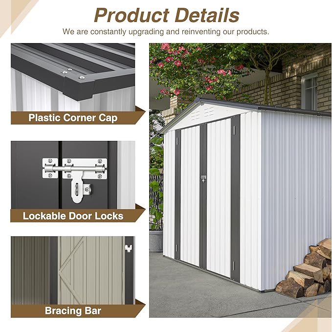 8x6 FT Outdoor Storage Shed W/ 2 Lockable Hinged Doors,Metal Shed W/Sloped Roof & 4 Air Vents,Garden Tool House W/Updated Frame Structure,for Backyard Patio Lawn,White