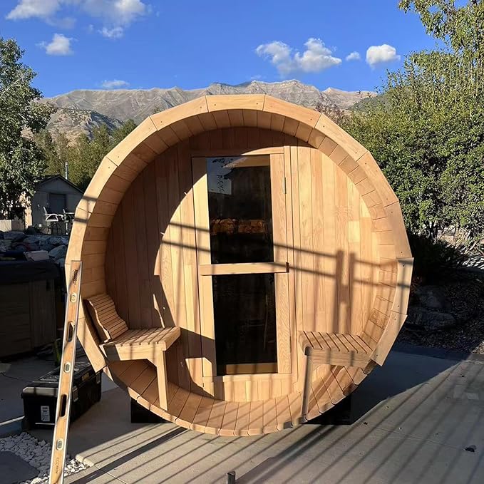 Outdoor Barrel Sauna with Porch, Wood Burning Stove Sauna 4 Person, Large Glass Window, Canadian Hemlock, Chimney Kit, Triple Waterproof System, Double Reinforcement(0-195℉)
