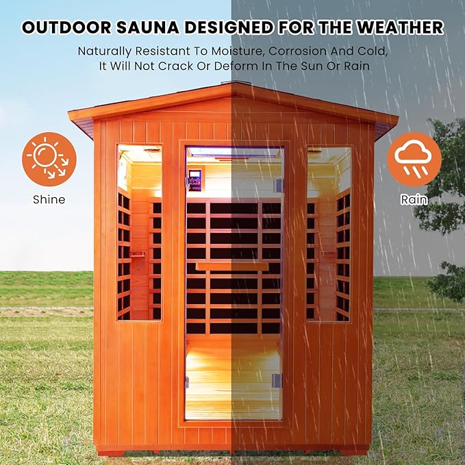 Outdoor Sauna 4 Person Infrared Saunas Outdoor Dry Sauna Room Wood Wooden Sauna Canadian Fir Red Cedar Low EMF 2600W/240V with Oxygen Bar, 7 Color Light, Control Panel, Speaker - 62.2" x 46.9" x 81.9"