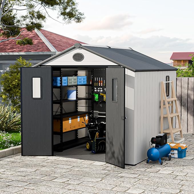 COOS BAY 8x8 Outdoor Resin Storage Shed with Floor, 2 Lockable Doors, All-Weather Durable Garden Shed for Tools & Equipment, White/Gray